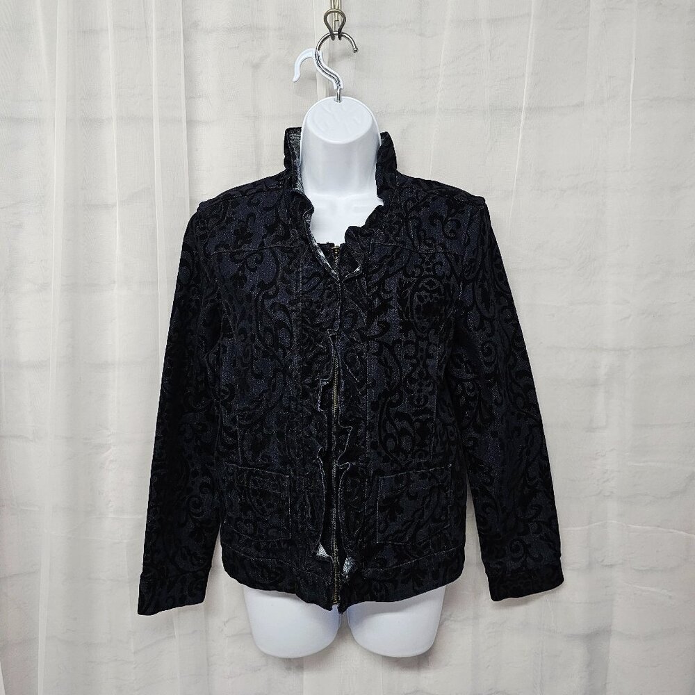 Tantrums Blue Black Velour Flocked Denim Jacket Zip Ruffle Boho M - Picture 2 of 14